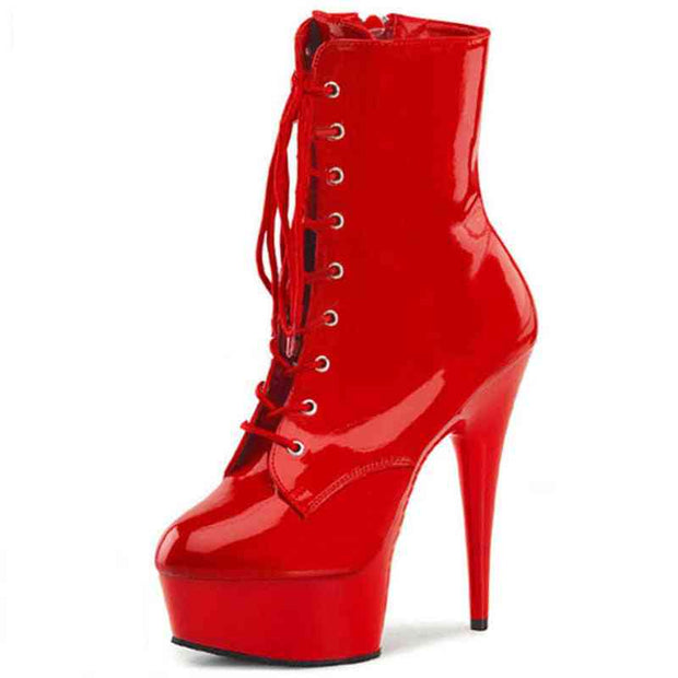 Red lace-up pole dance boots with high heels