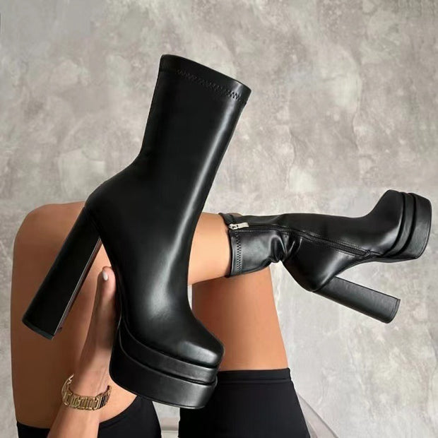 Black super high chunky heel short boots