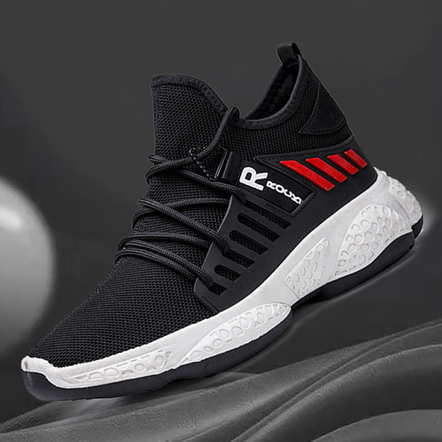 Black breathable mesh sports shoe with red details.