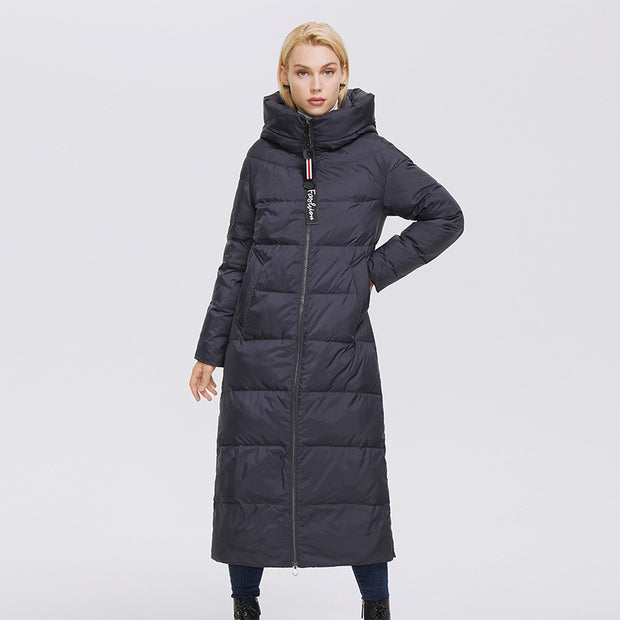 Long windproof puffer jacket in dark color