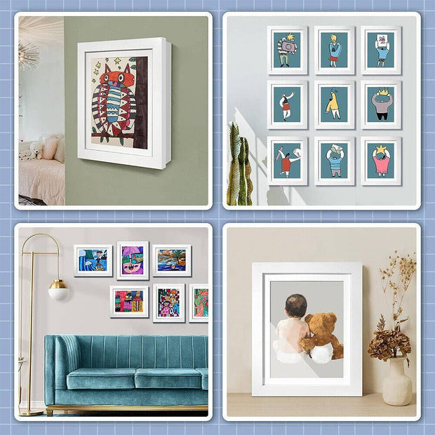 Various artwork displays in wooden frames.