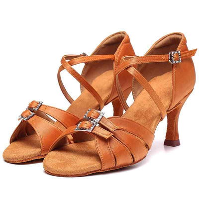 Brown Latin dance shoes with strappy design