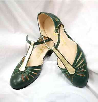 Green leather vintage hollow swing dance shoes