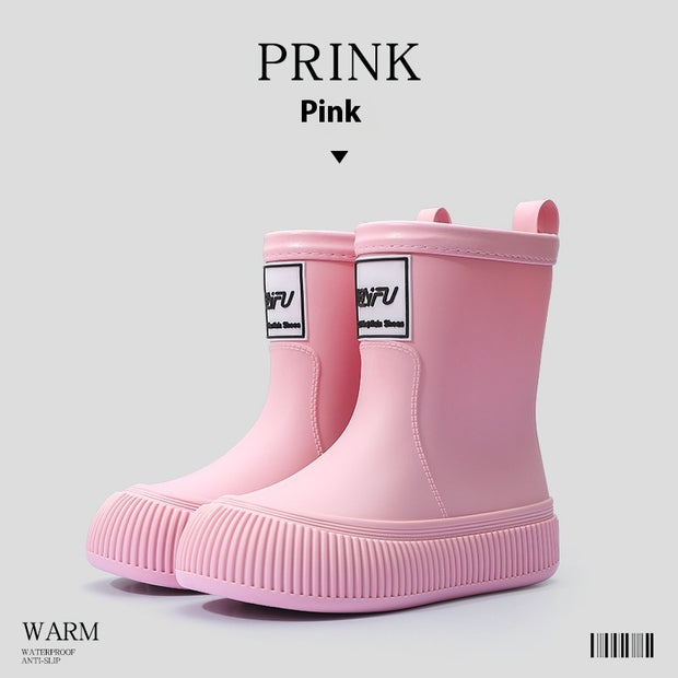 Pink platform rain boots with pull tabs