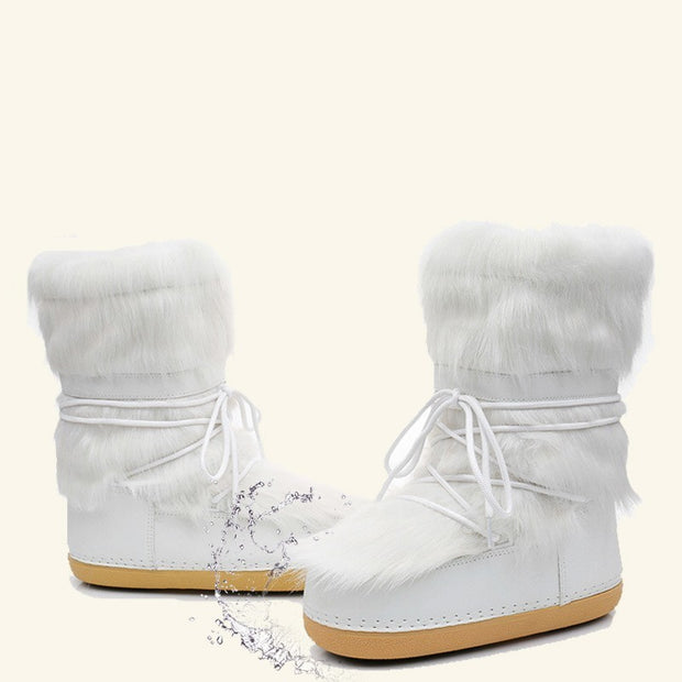 Stylish white furry moon boots with laces