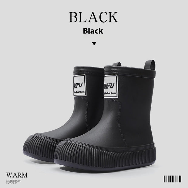 Black platform rain boots with pull tabs