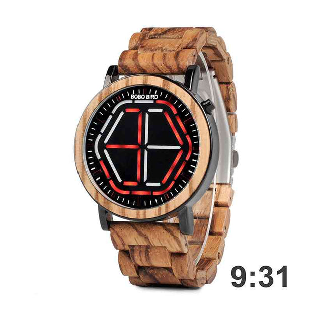 Wooden watch with red LED display at 9:31