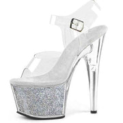 Clear platform pole dance shoe with silver glitter base