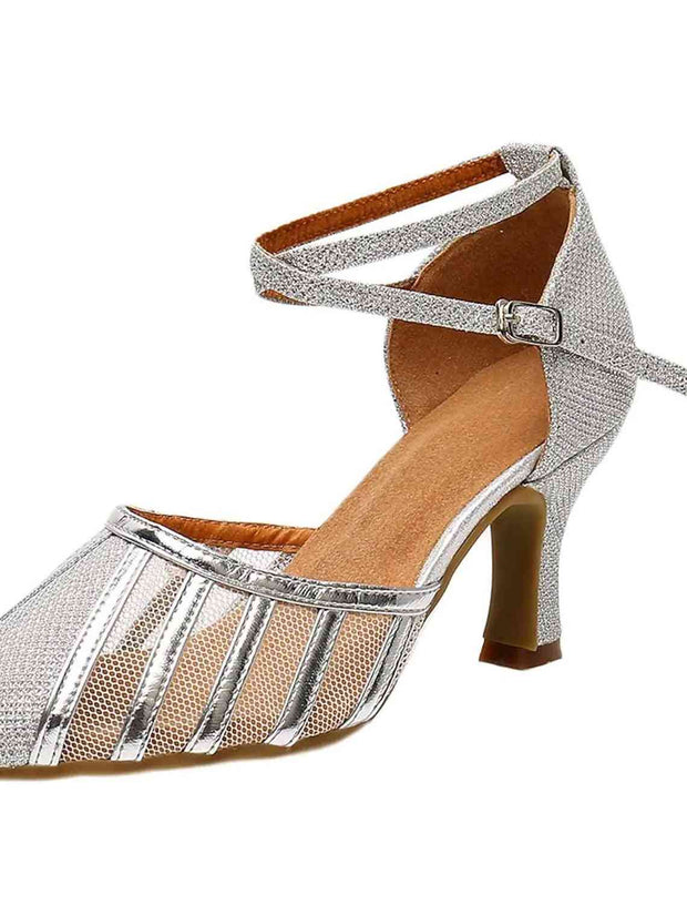 Silver soft sole dance shoe with ankle strap