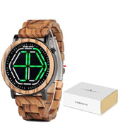 Wooden watch with green LED and packaging box