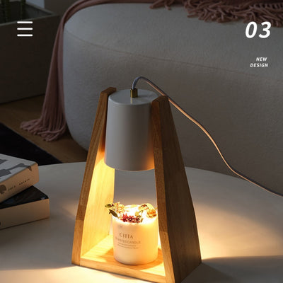 Japanese-style wood melting candle night light with a white lamp shade, dimmable feature, and cozy ambiance on a modern table.