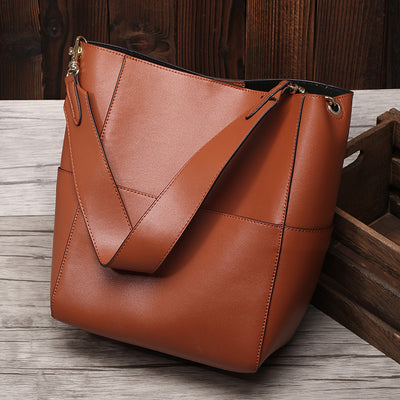 Brown leather bucket shoulder messenger bag