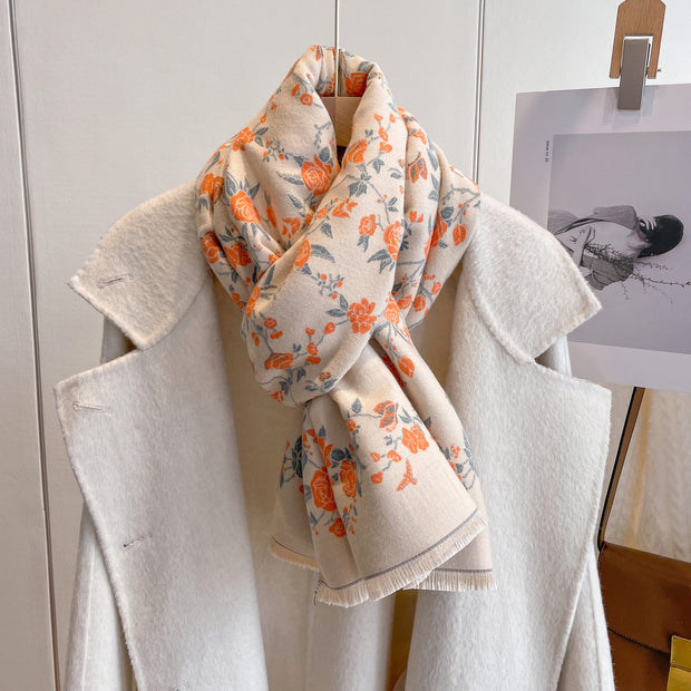 Floral Printed Artificial Cashmere Warmth Keeping Scarf