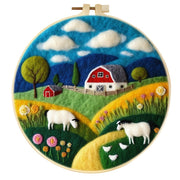 Wool felt painting of farm landscape with animals