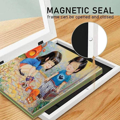 Magnetic seal wooden artwork display frame.