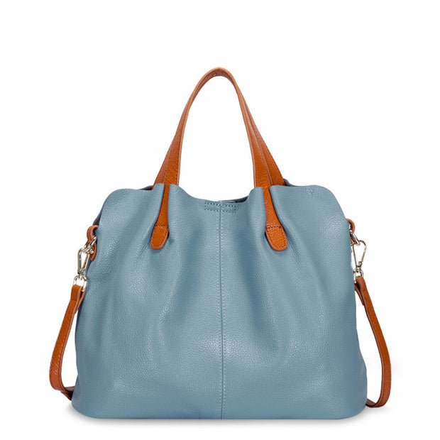 Blue soft leather tote bag with brown handles