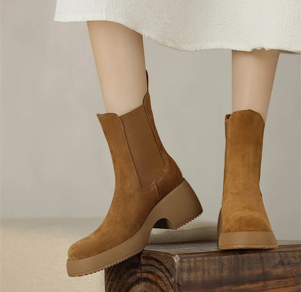 Tan suede Chelsea boots with elastic sides