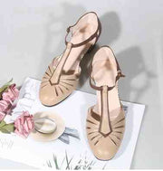 Beige leather vintage hollow swing dance shoes