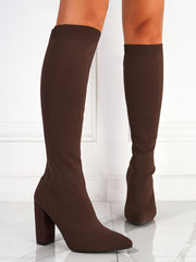 Brown knee high sock boots with block heels