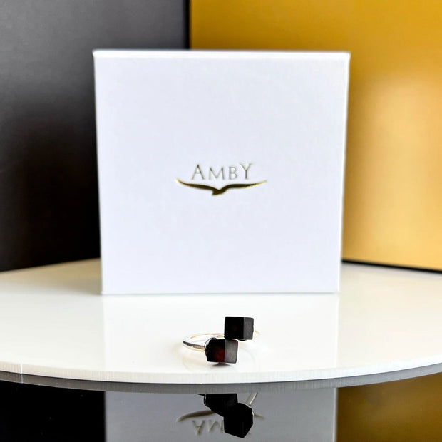 Black Amber Ring in 925 Silver Double Cube - Jo-Bolt-Store