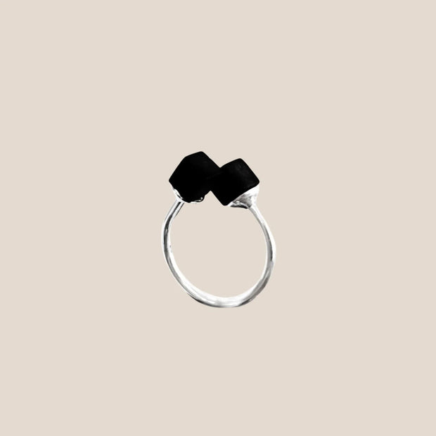 Black Amber Ring in 925 Silver Double Cube - Jo-Bolt-Store