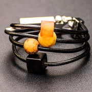 Black Leather Bracelet With Four Large Pressed Amber Pieces Quartet - Jo-Bolt-Store