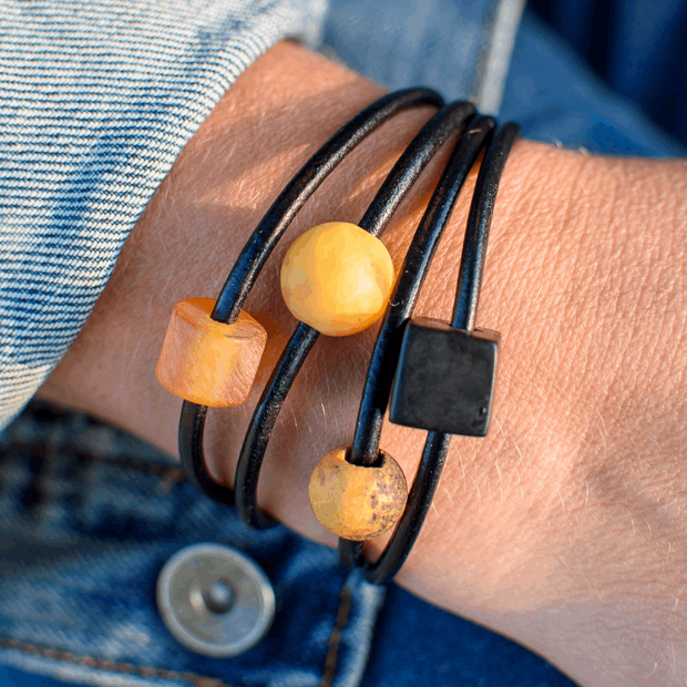 Black Leather Bracelet With Four Large Pressed Amber Pieces Quartet - Jo-Bolt-Store