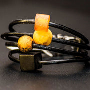 Black Leather Bracelet With Four Large Pressed Amber Pieces Quartet - Jo-Bolt-Store