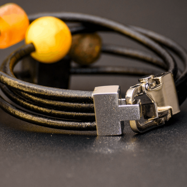 Black Leather Bracelet With Four Large Pressed Amber Pieces Quartet - Jo-Bolt-Store