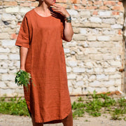 Calf Length Linen Dress With Pockets, Burnt Orange - Jo-Bolt-Store
