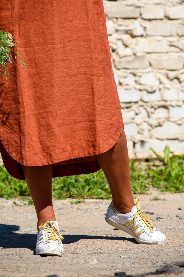 Calf Length Linen Dress With Pockets, Burnt Orange - Jo-Bolt-Store