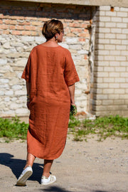 Calf Length Linen Dress With Pockets, Burnt Orange - Jo-Bolt-Store