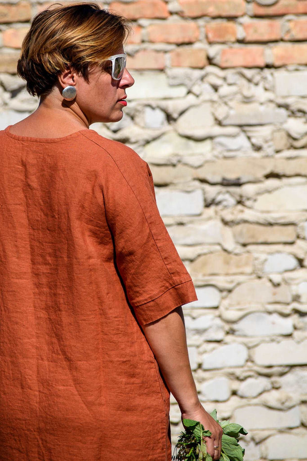 Calf Length Linen Dress With Pockets, Burnt Orange - Jo-Bolt-Store