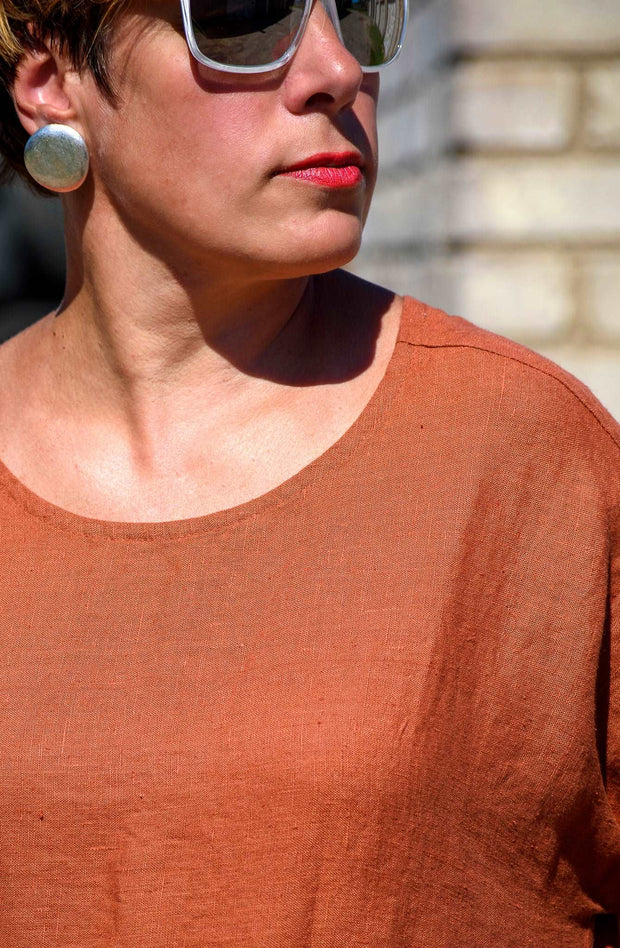 Calf Length Linen Dress With Pockets, Burnt Orange - Jo-Bolt-Store