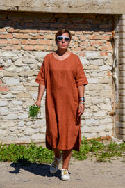 Calf Length Linen Dress With Pockets, Burnt Orange - Jo-Bolt-Store