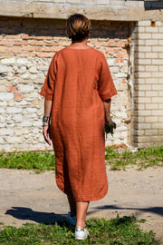 Calf Length Linen Dress With Pockets, Burnt Orange - Jo-Bolt-Store