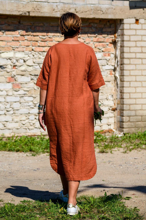 Calf Length Linen Dress With Pockets, Burnt Orange - Jo-Bolt-Store