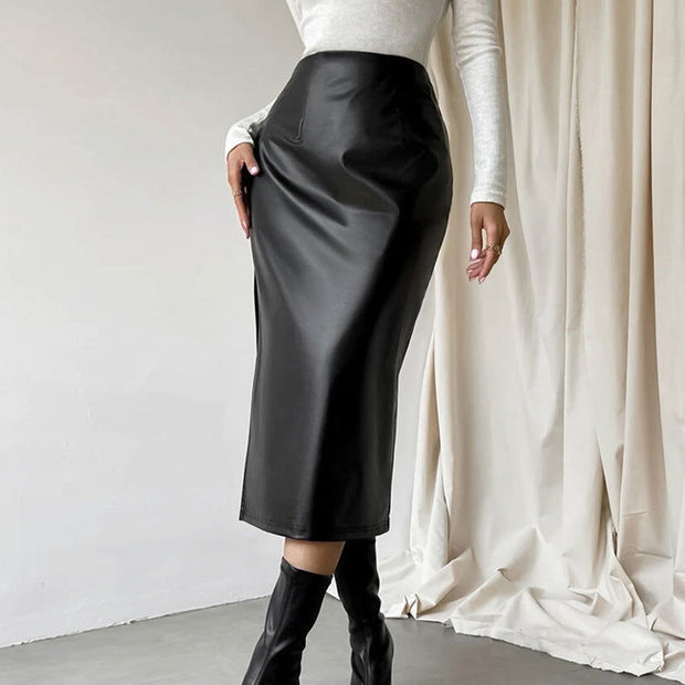 Commuter French Sheath PU Leather Skirt Autumn And Winter Black Slit Straight Skirt - Jo-Bolt-Store
