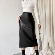 Commuter French Sheath PU Leather Skirt Autumn And Winter Black Slit Straight Skirt - Jo-Bolt-Store