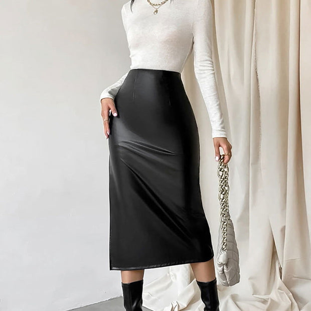 Commuter French Sheath PU Leather Skirt Autumn And Winter Black Slit Straight Skirt - Jo-Bolt-Store