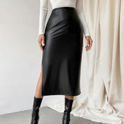 Commuter French Sheath PU Leather Skirt Autumn And Winter Black Slit Straight Skirt - Jo-Bolt-Store