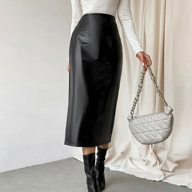 Commuter French Sheath PU Leather Skirt Autumn And Winter Black Slit Straight Skirt - Jo-Bolt-Store