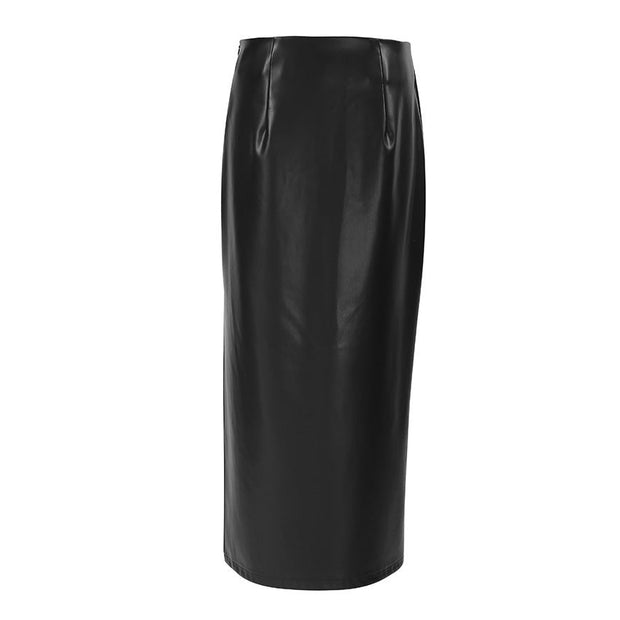 Commuter French Sheath PU Leather Skirt Autumn And Winter Black Slit Straight Skirt - Jo-Bolt-Store