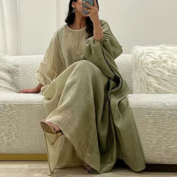 Ethnic Vintage Solid Tassel Cotton Linen Dress Women 2023 Spring O Neck Loose Long Maxi Dress Summer Lantern Sleeve Boho Dresses - Jo-Bolt-Store