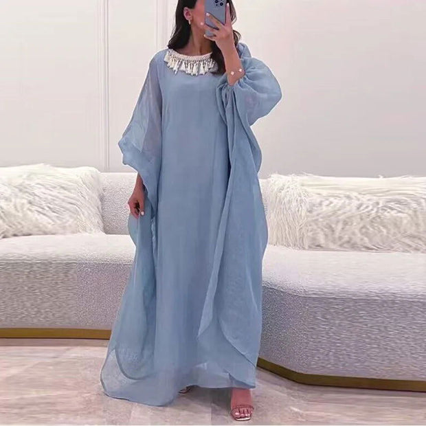 Ethnic Vintage Solid Tassel Cotton Linen Dress Women 2023 Spring O Neck Loose Long Maxi Dress Summer Lantern Sleeve Boho Dresses - Jo-Bolt-Store