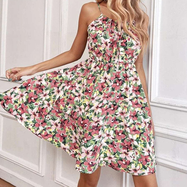 Floral Print Suspender Dress With Elastic Waist Design Fashion Summer Short Dresses Womens Clothing - Jo-Bolt-Store
