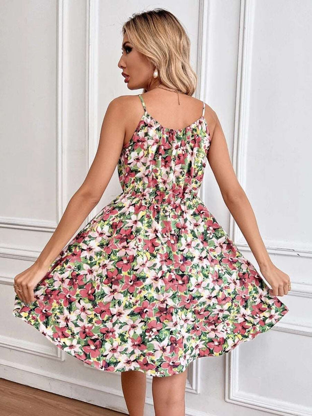 Floral Print Suspender Dress With Elastic Waist Design Fashion Summer Short Dresses Womens Clothing - Jo-Bolt-Store