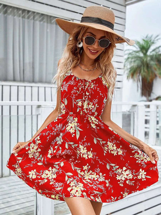 Floral Print Suspender Dress With Elastic Waist Design Fashion Summer Short Dresses Womens Clothing - Jo-Bolt-Store