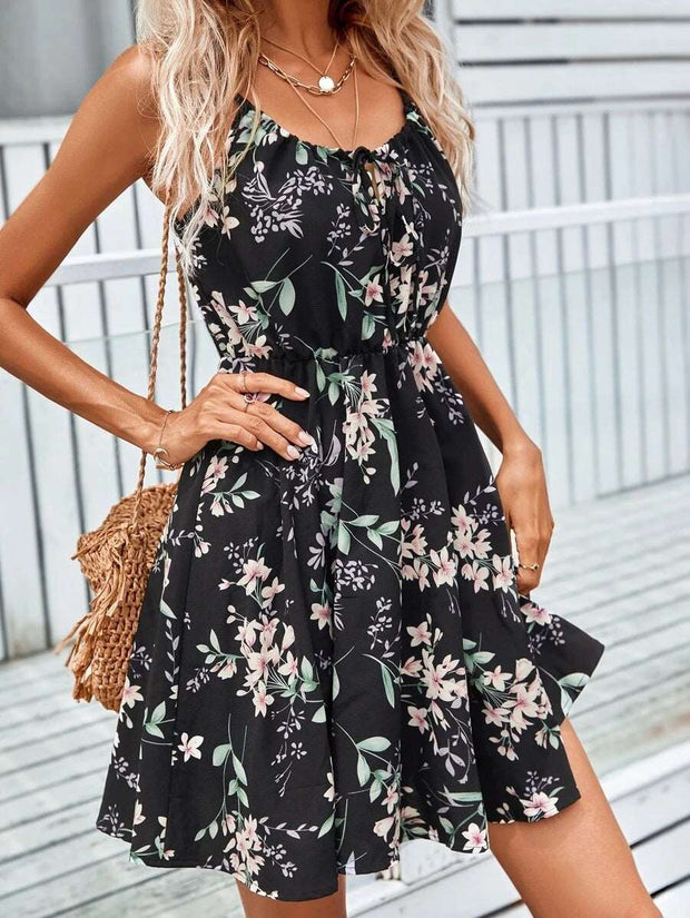 Floral Print Suspender Dress With Elastic Waist Design Fashion Summer Short Dresses Womens Clothing - Jo-Bolt-Store