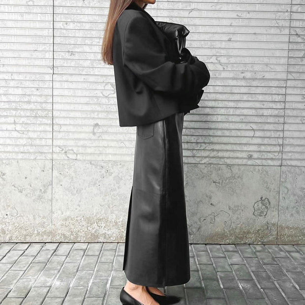 French Commuter Black PU Leather Skirt High-grade Split Straight Skirt - Jo-Bolt-Store